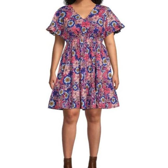 Terra & Sky Dresses & Skirts - Terra & Sky Retro Floral/Lilac Bud Tiered Ruffle Midi Dress Plus Size 5x New